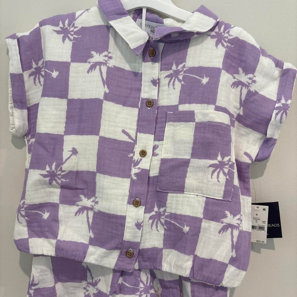 Grayson Threads Girls Purple White Checkered Palm Tree Shirt and Shorts Set S 6